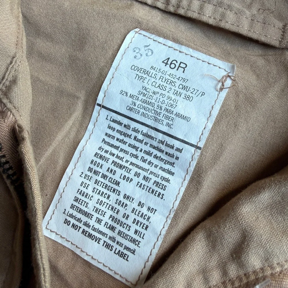 Carter Industries Men's Military CWU-27/P Nomex Flight Suit Tan Coveralls 46R